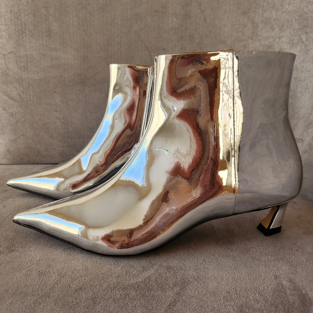 Gianni Bini Booties 6.5 Silver Mirror Georgina Kitten Heels Pointed Toe New $140